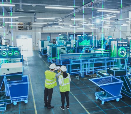 wo Industrial Engineers Use Tablet Computer, Big Data Statistics Visualization, Optimization of High-Tech Electronics Facility. Industry Four Machinery Manufacturing Products